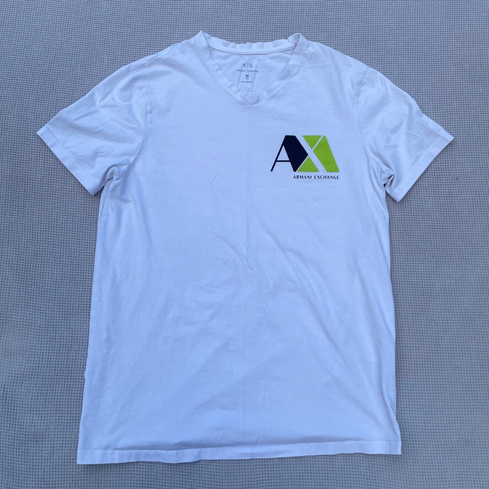 Armani Exchange Mens White V-Neck Logo Graphic T-Shirt Slim Fit Medium